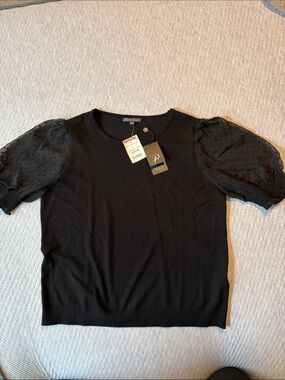 Adrianna Papell Black Knit Top with Decorative Button